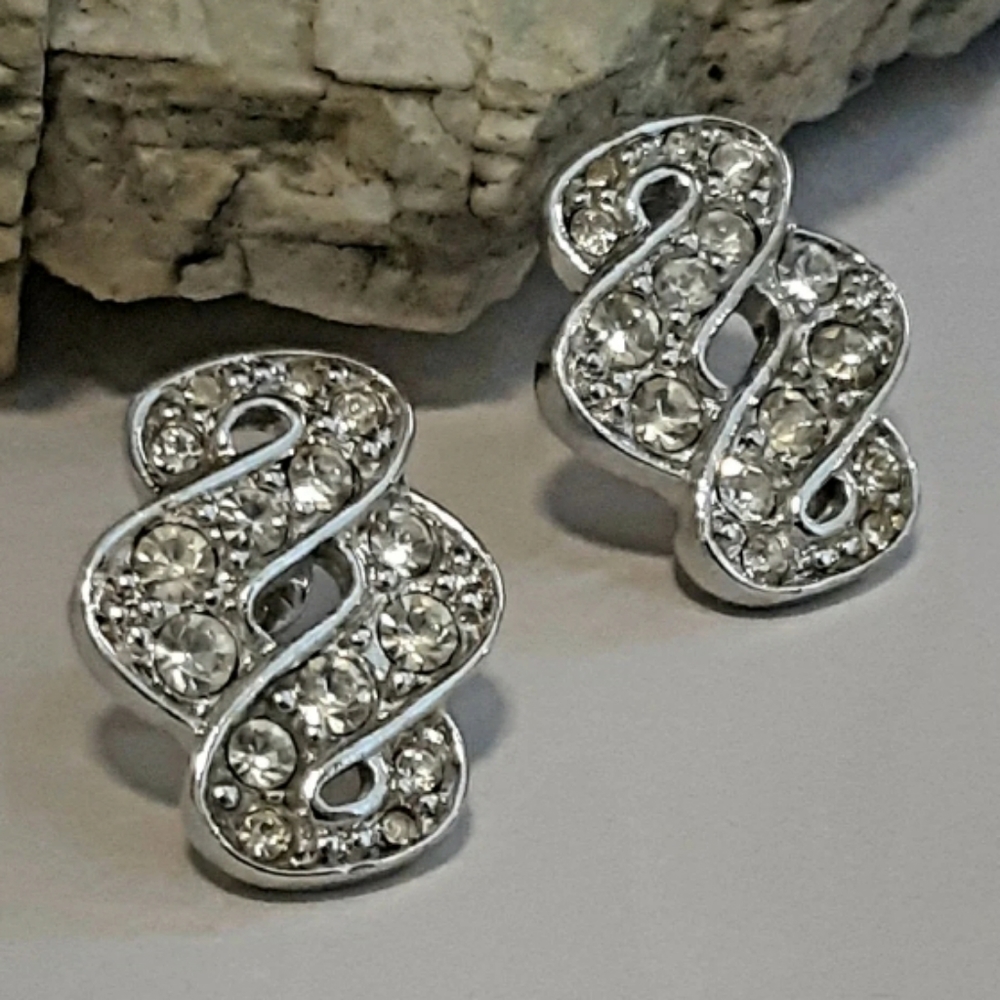 Trifari Modernist Silver Earrings Helix Rhinestone